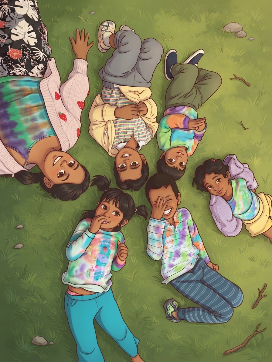 Children gathering together outside on the grass